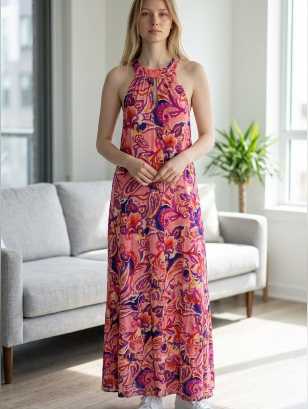 Soft Surroundings Coral/Purple Paisley Halter Maxi Dress Gauzy Beachy Sz‎ L EUC
